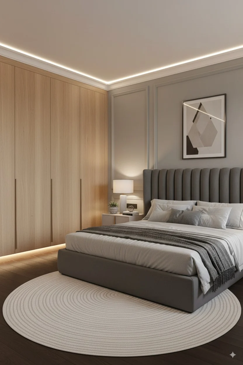Modern bedroom with a gray upholstered bed, light wood wardrobe, and a circular patterned rug.