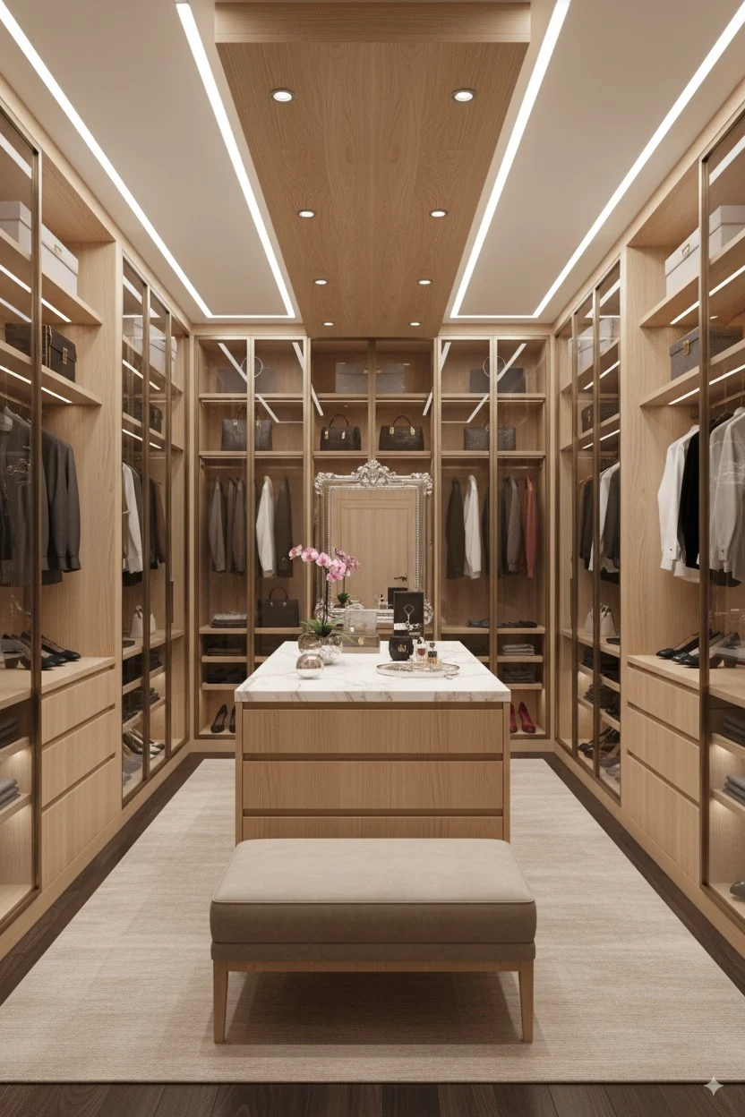 Modern luxury walk-in closet with light wood cabinetry, glass doors, and a marble-top island center.