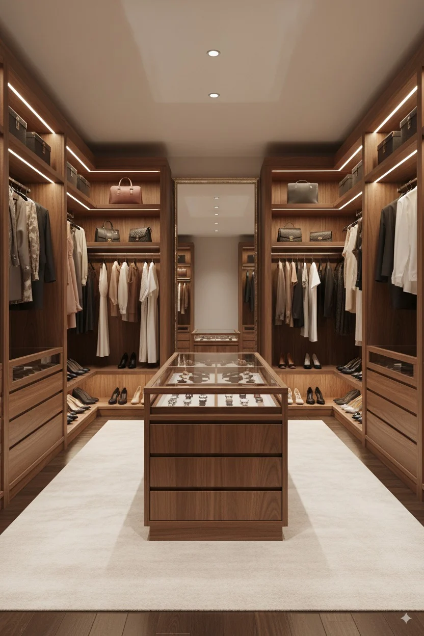 Luxury wood walk-in closet with organized clothing, handbags, and a center jewelry display case on a white rug.