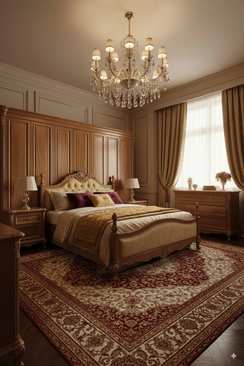 Luxurious classic bedroom with a carved wooden bed, crystal chandelier, and ornate red and beige rug.