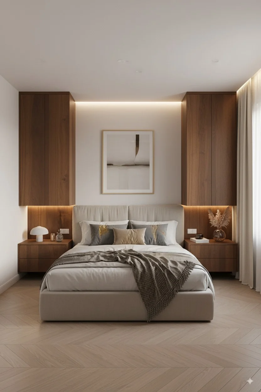 Modern bedroom with a beige upholstered bed, walnut wood cabinets, and chevron wood floors.