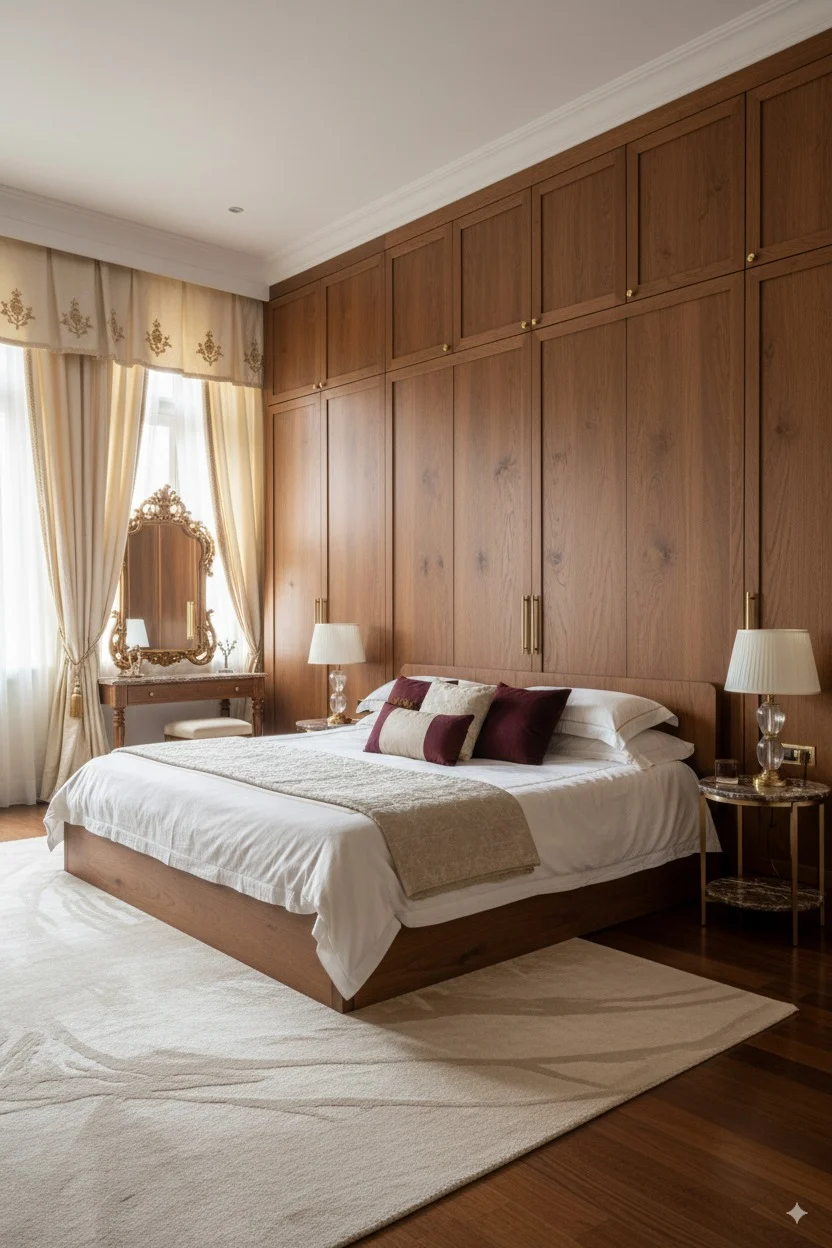 A bedroom with a white bed, maroon pillows, and a large wooden wall cabinet system behind the headboard.