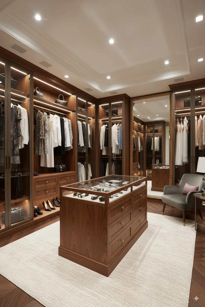 Luxury walk-in closet with dark wood cabinetry, a center jewelry island, and a gray armchair.