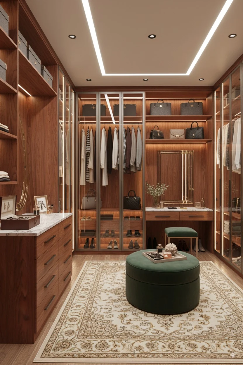 Luxury walk-in closet with wood cabinetry, glass doors, a green velvet ottoman, and a patterned rug.