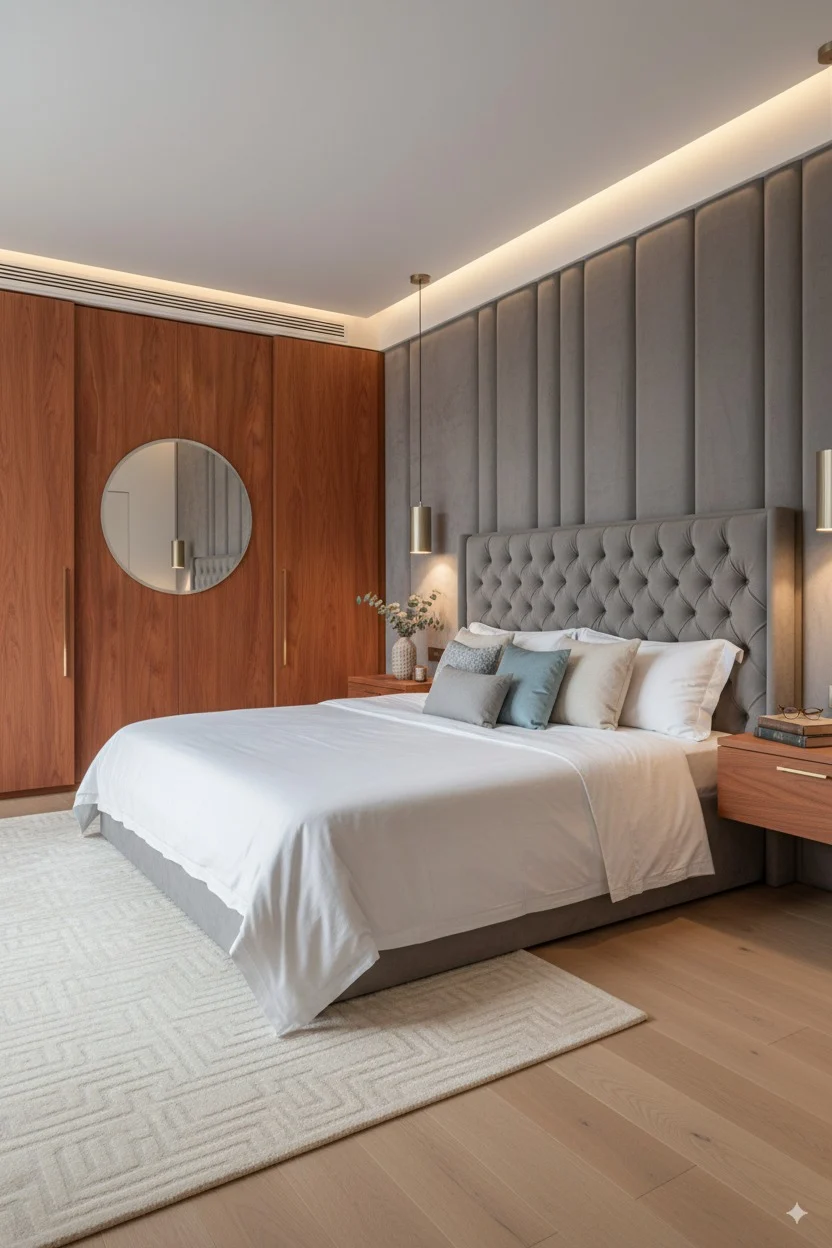 Modern bedroom with a white bed, gray tufted headboard, and wood-paneled walls.