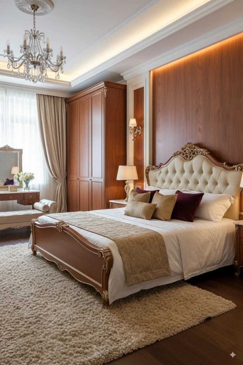 Luxury bedroom with a carved wooden bed, tufted headboard, crystal chandelier, and large wooden wardrobe.