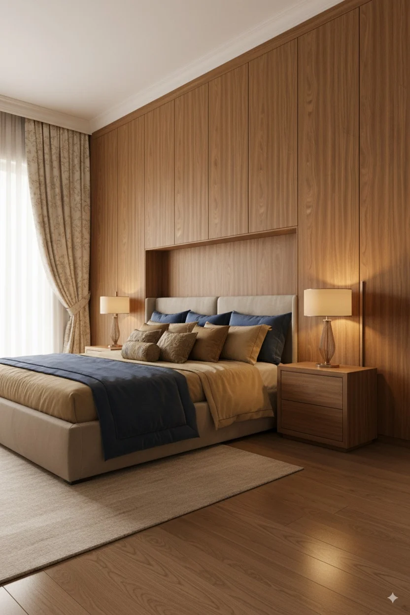 Modern bedroom with a large wooden wall unit, a bed with blue and tan bedding, and two bedside lamps.