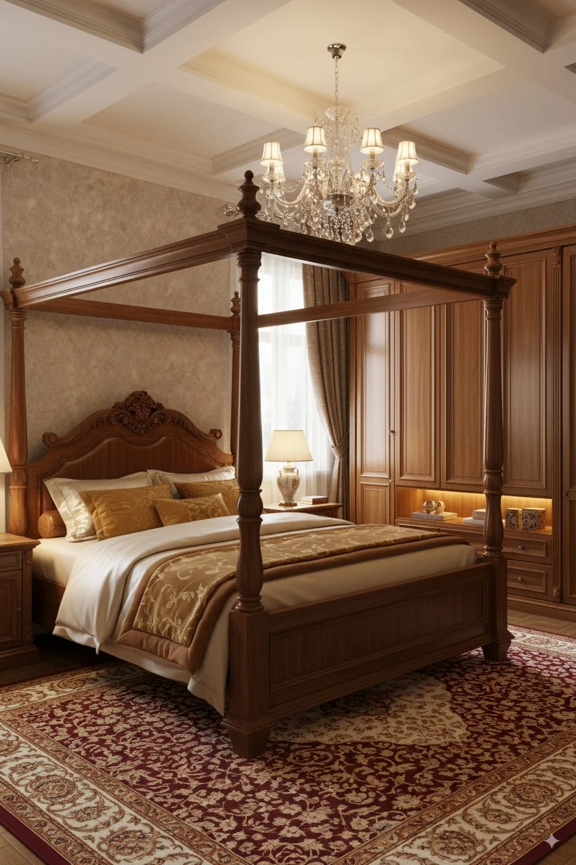 Wooden four-poster bed with gold bedding on a red patterned rug in a luxury bedroom.