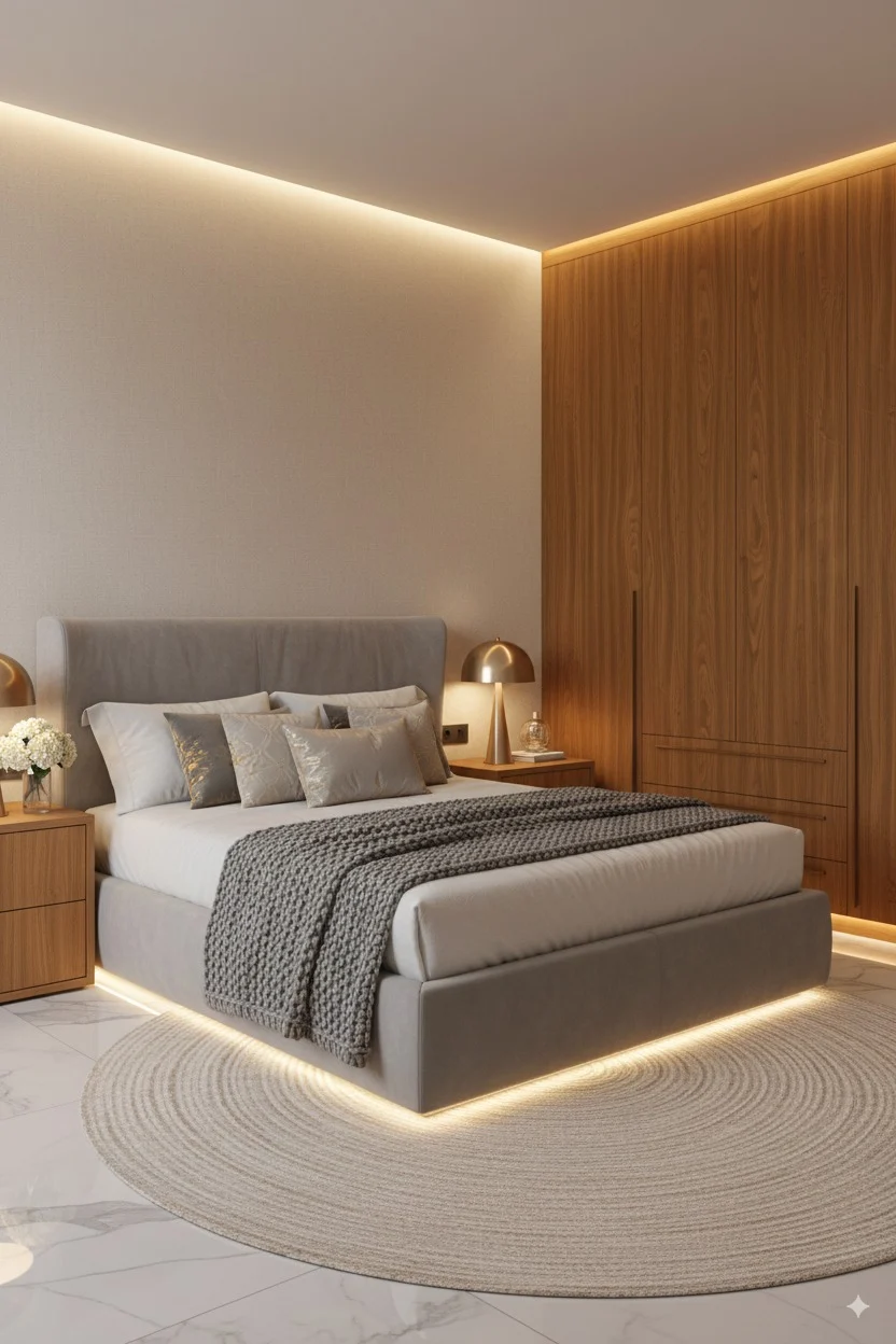 Modern bedroom with a grey upholstered bed, neutral bedding, and warm recessed lighting.