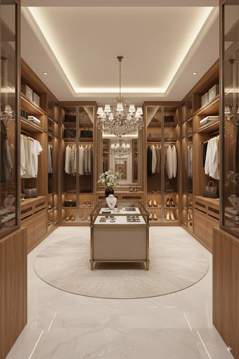 Luxury walk-in closet with wood cabinets, glass doors, crystal chandelier, and a jewelry display case.
