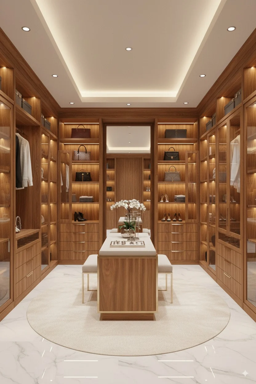 Luxury wood walk-in closet with lit shelving for bags and shoes, and a central island with a rug.