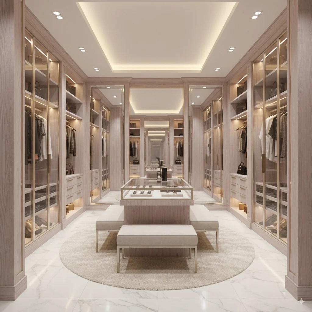 Luxury walk-in closet with glass-front wardrobes, center jewelry display, and neutral-toned benches on a round rug.