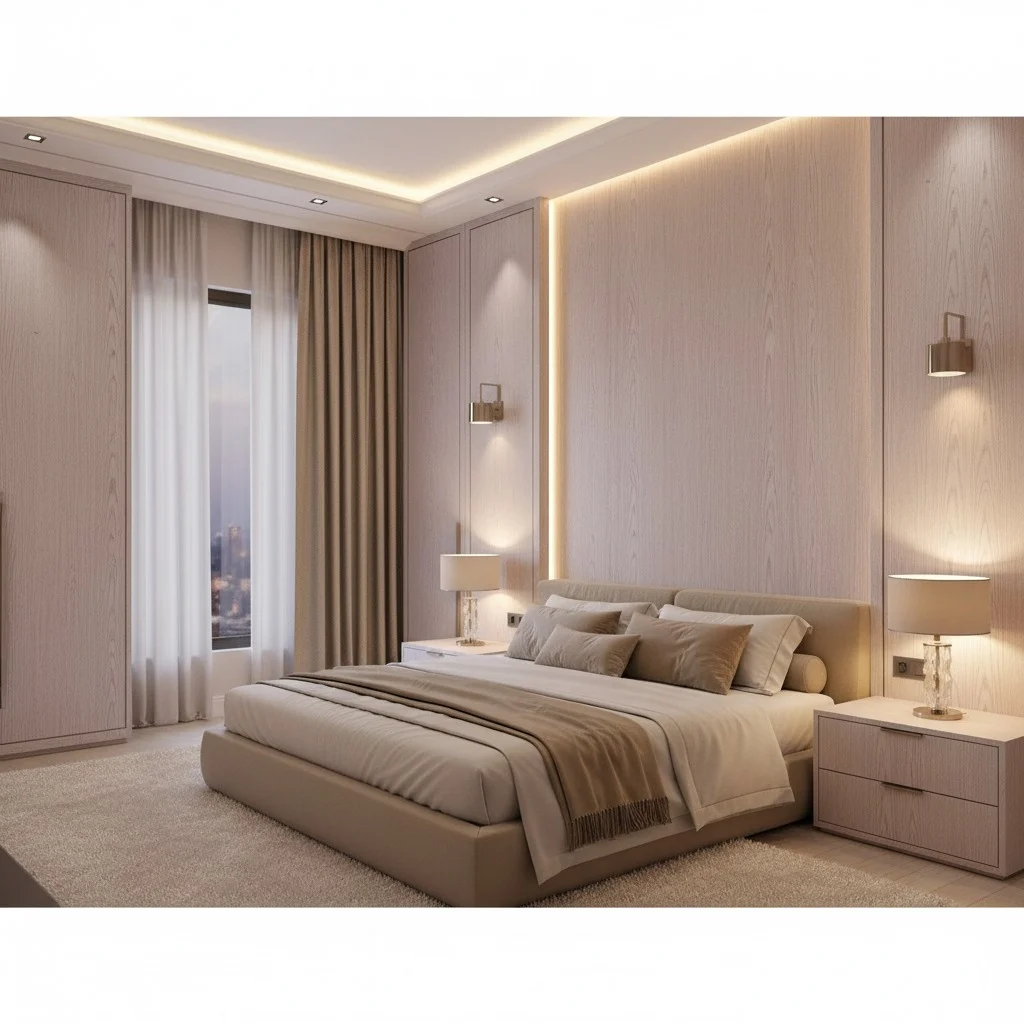 Modern bedroom with a beige bed, matching nightstands, and light wood paneled walls with recessed lighting.