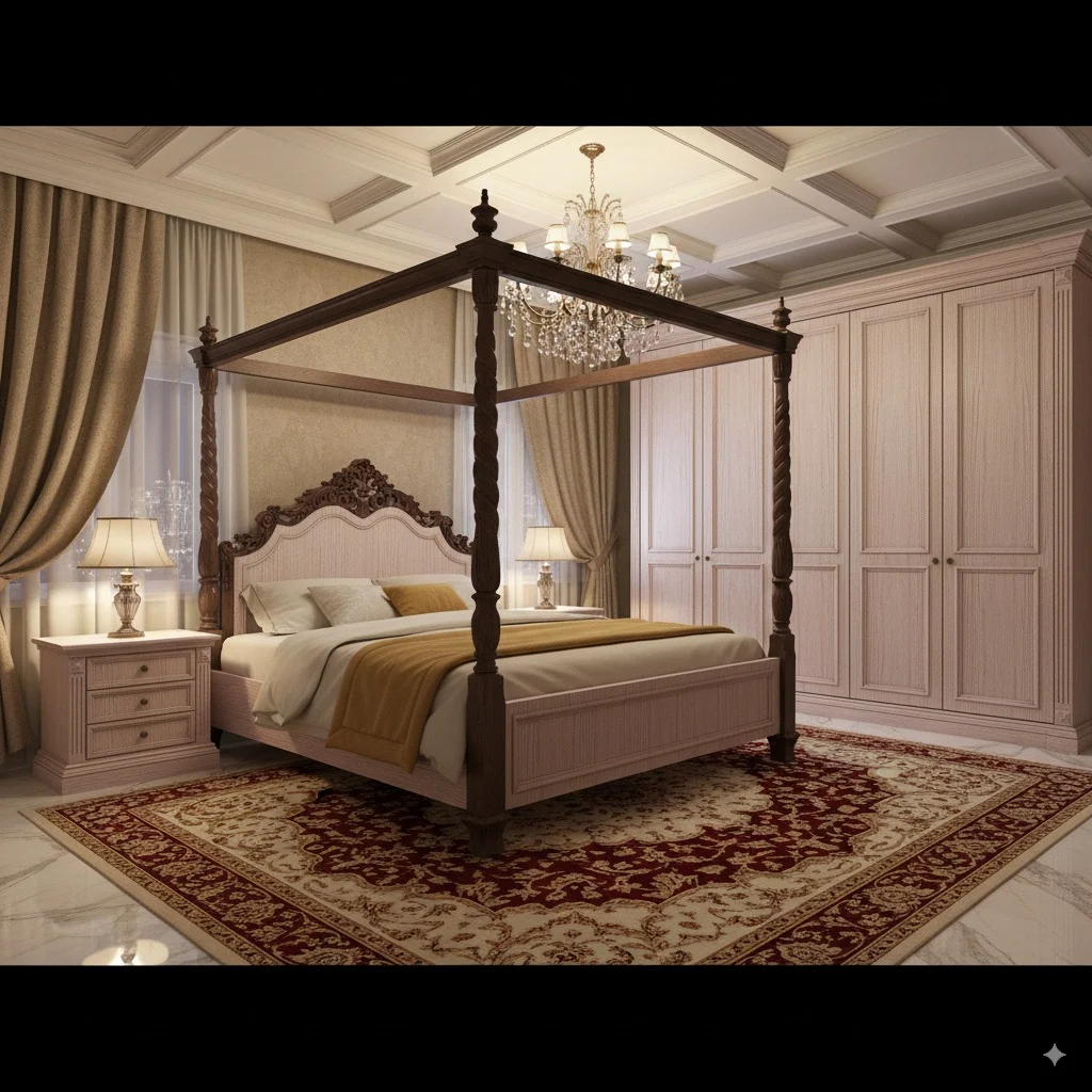 Four-poster canopy bed in a luxury bedroom with a red patterned rug and crystal chandelier.