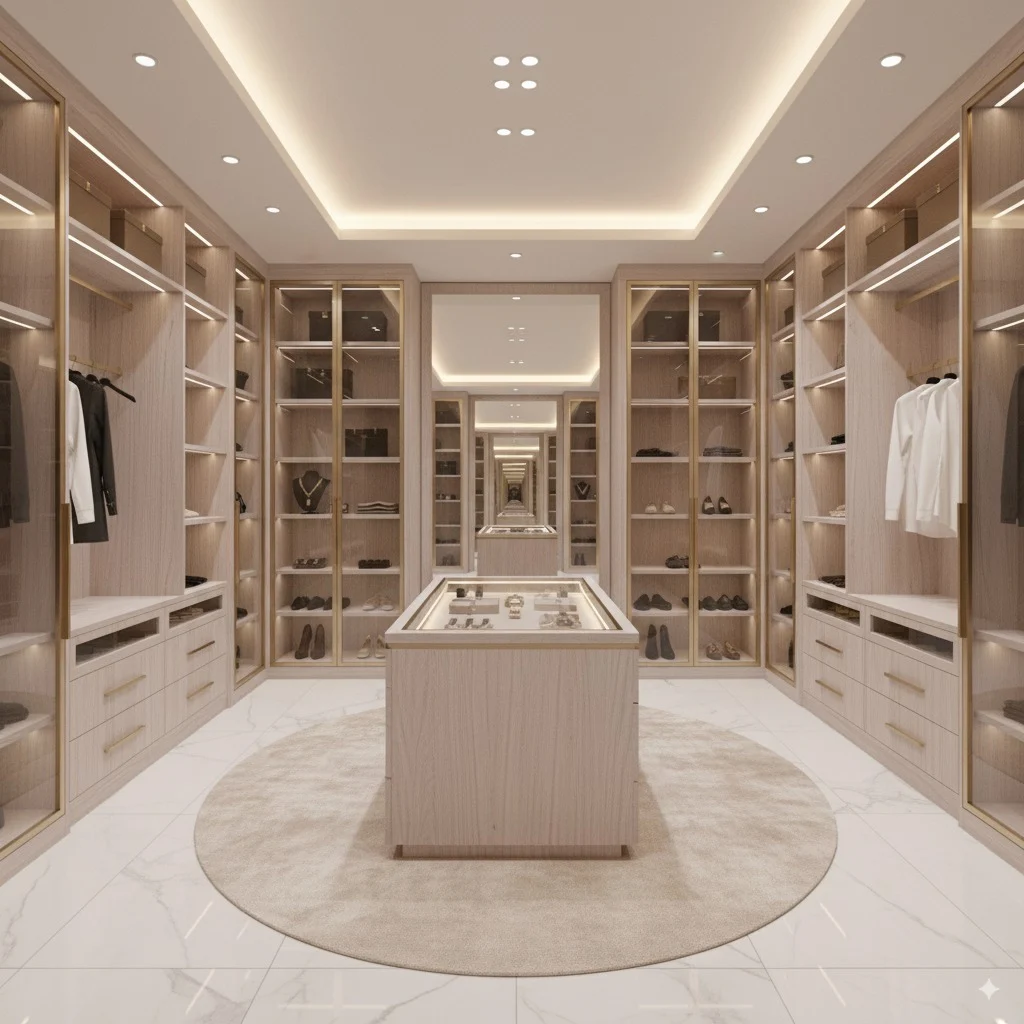 Luxury walk-in closet with light wood cabinetry, glass display cases, and a central island on a circular rug.