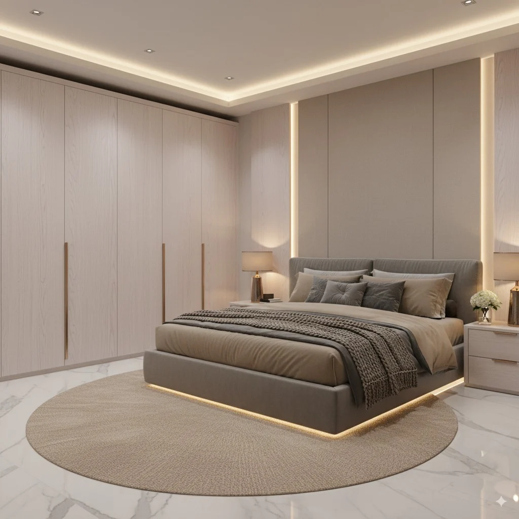 Modern bedroom with a taupe bed, light wood closets, and warm recessed lighting on a marble floor.