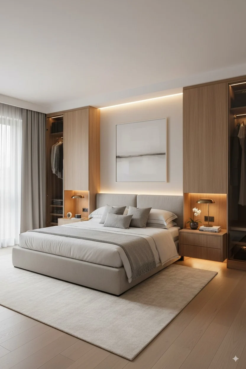 Modern bedroom with a light grey bed, wooden built-in wardrobes, and warm accent lighting.