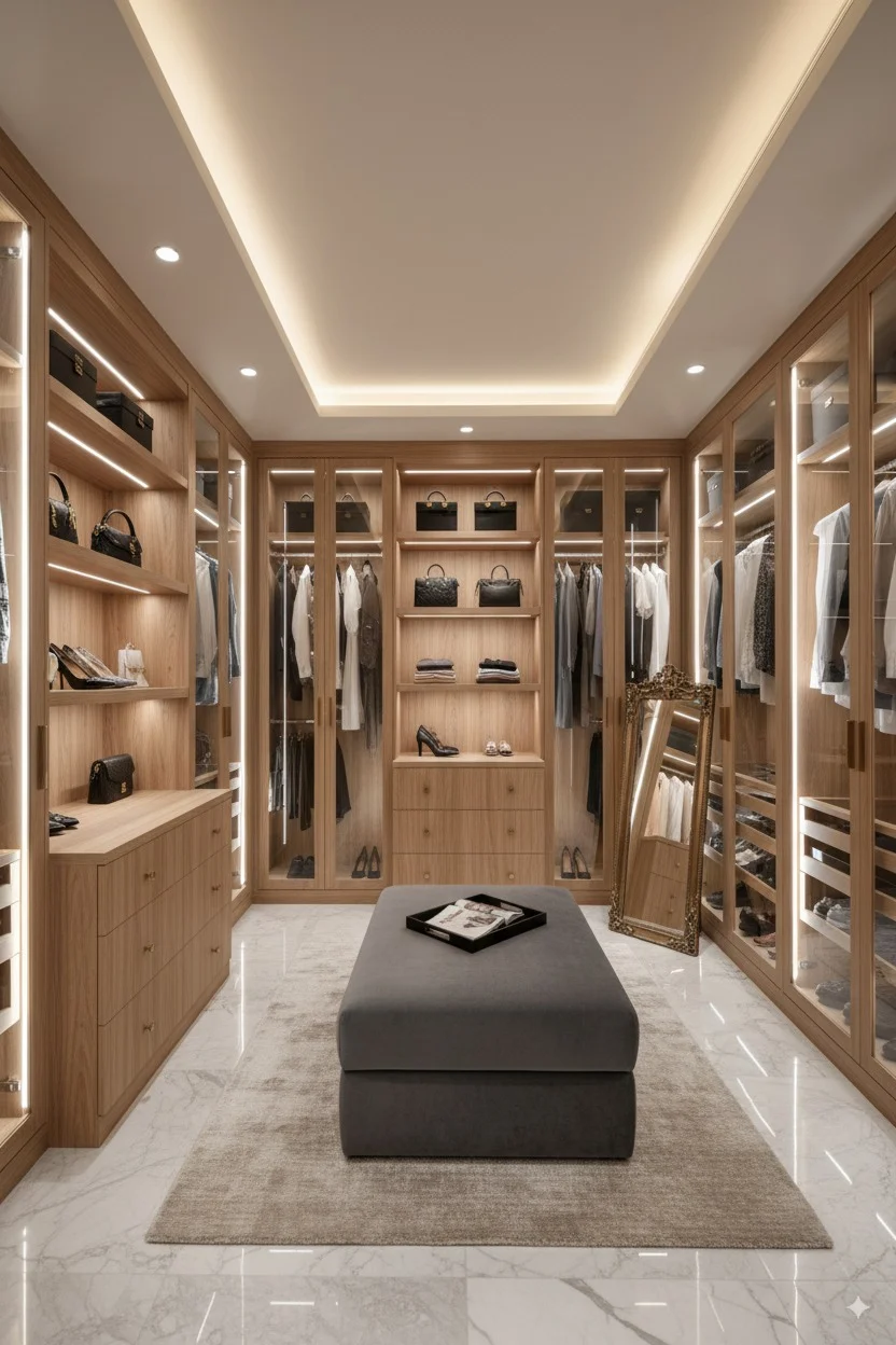 Modern luxury walk-in closet with light wood cabinetry, integrated lighting, and a grey ottoman