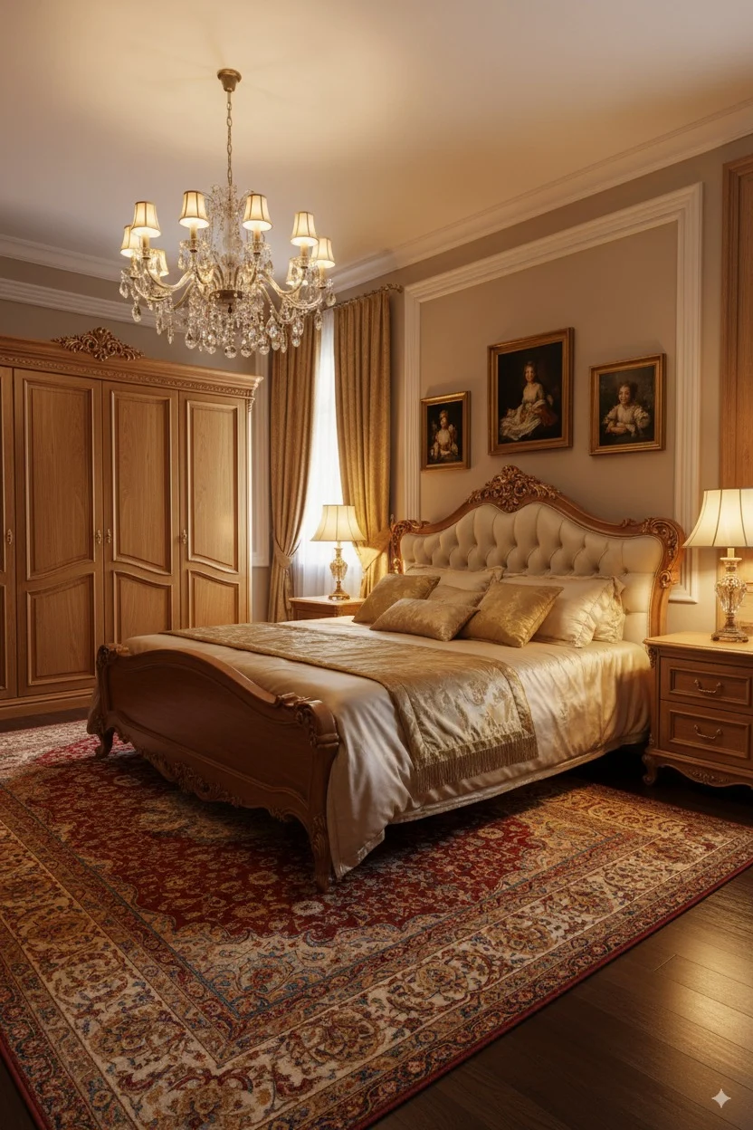 Classic luxury bedroom with a tufted headboard, crystal chandelier, and a large red patterned rug.