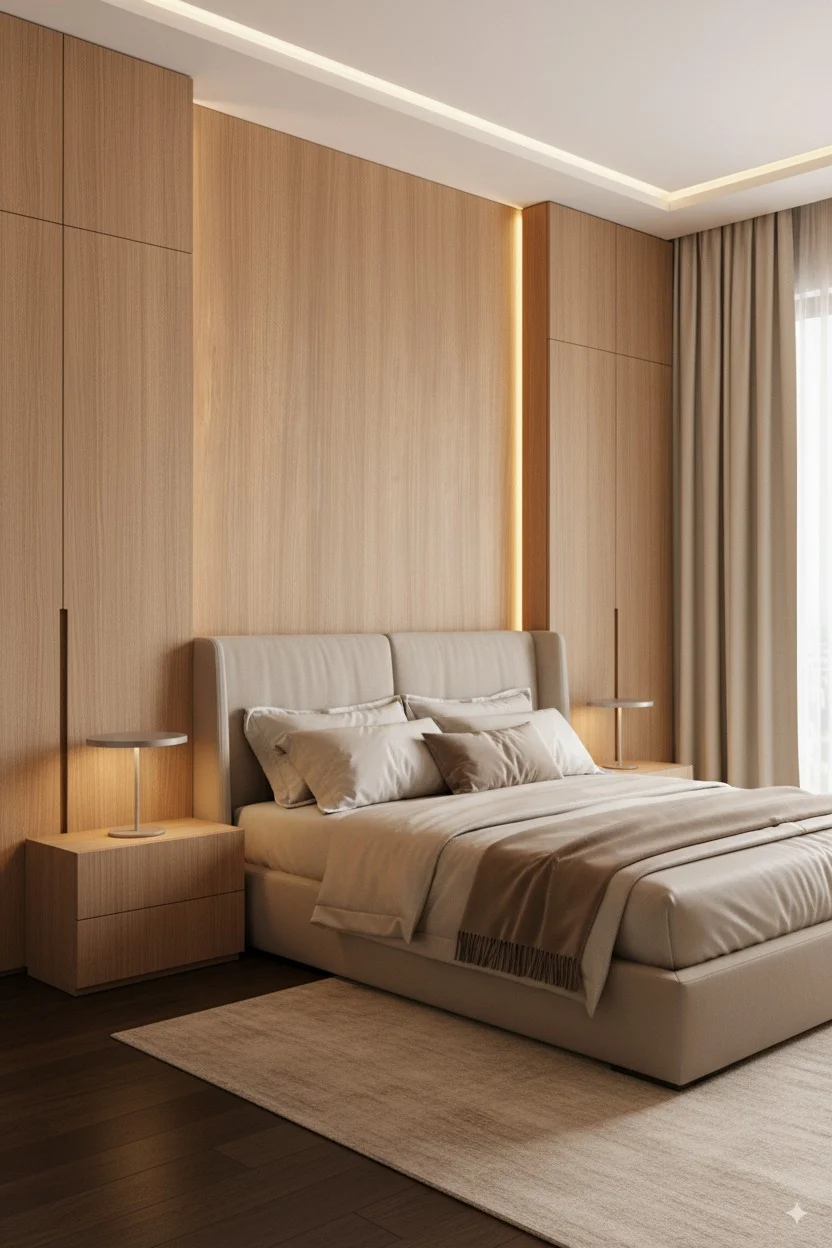Modern bedroom with a beige bed, light wood paneling, and minimalist bedside lamps.