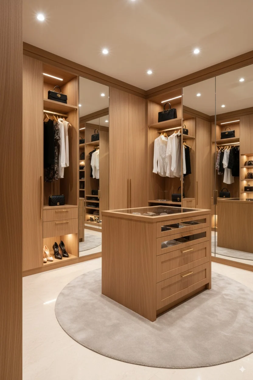 Modern light wood walk-in closet with a central island, mirrored doors, and integrated lighting.
