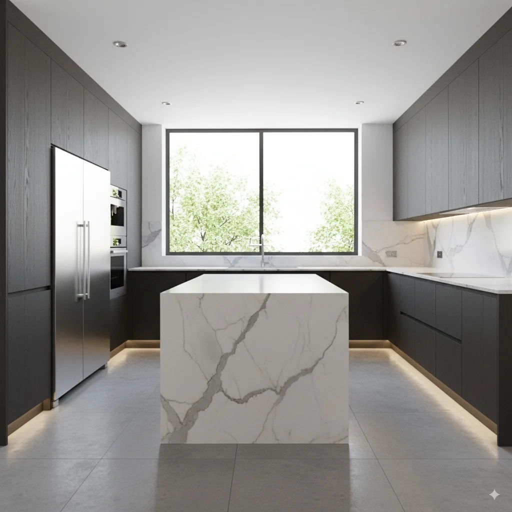 Modern kitchen with dark wood cabinets, a white marble island, and a large window showing green trees.