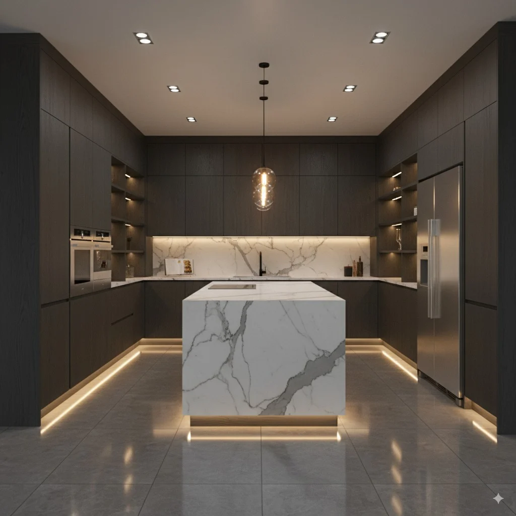 Modern kitchen with dark wood cabinets, white marble island, and warm under-cabinet lighting.