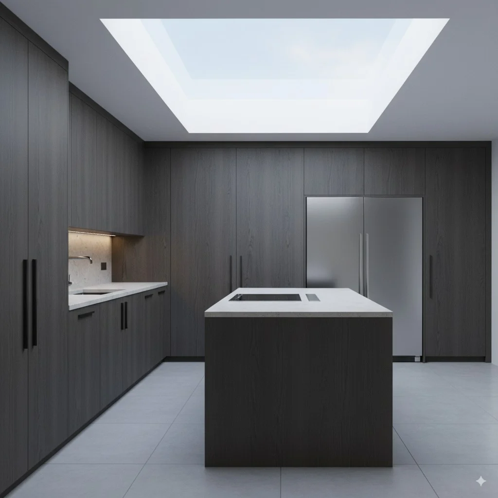 Modern kitchen with dark wood cabinets, a white marble island, and a large rectangular skylight.