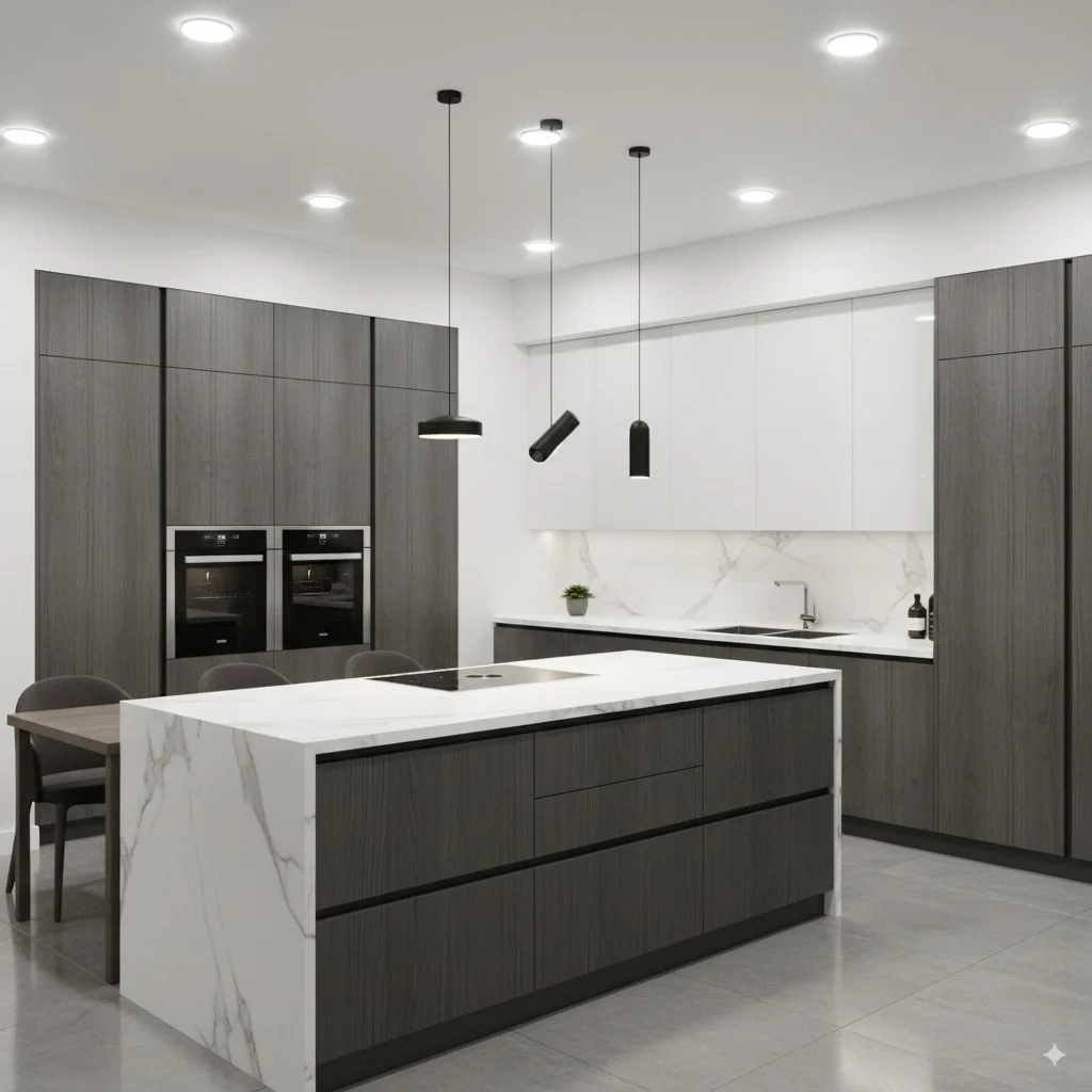 Modern kitchen with gray wood cabinets, white marble countertops, and three black pendant lights.