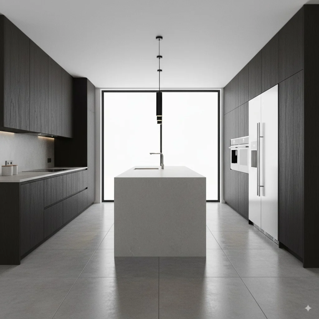 Modern minimalist kitchen with dark wood cabinets, a white center island, and a large window.