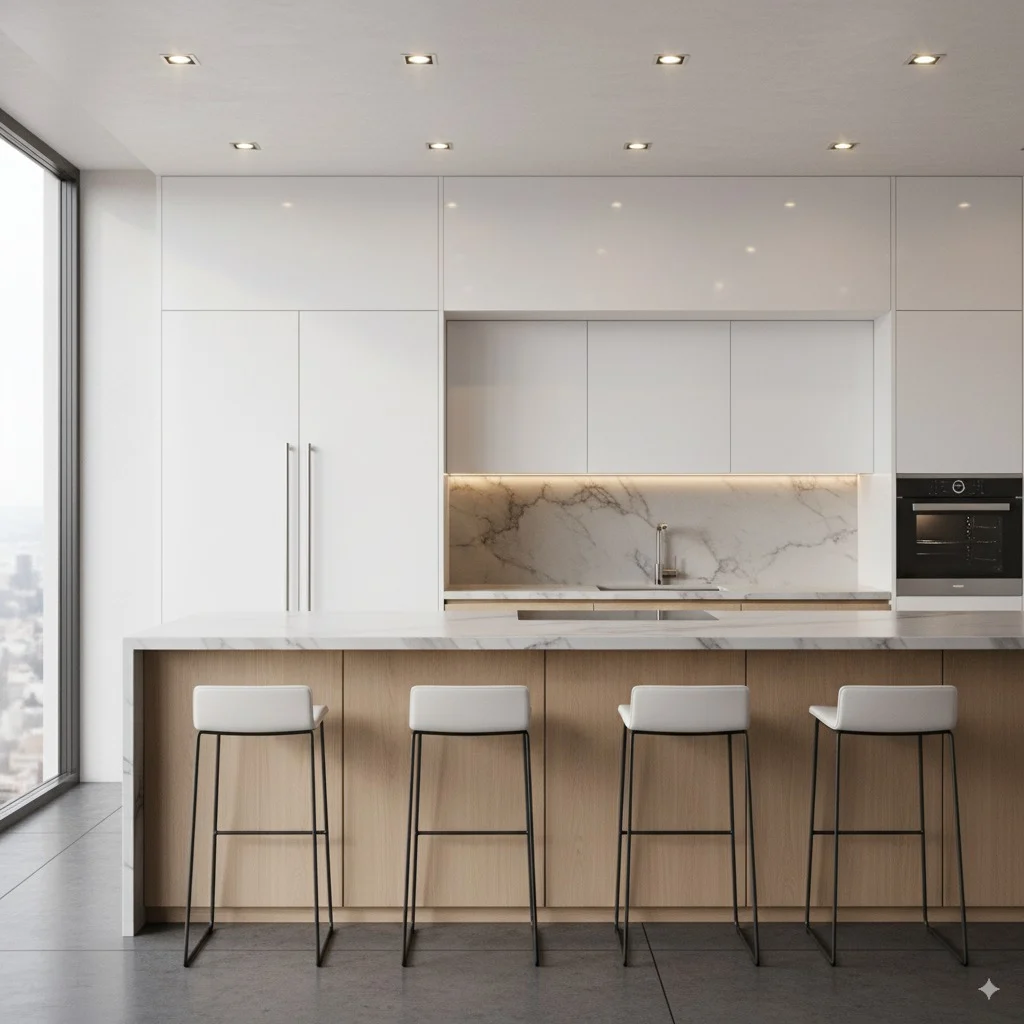 Modern white kitchen with a marble island and four white bar stools