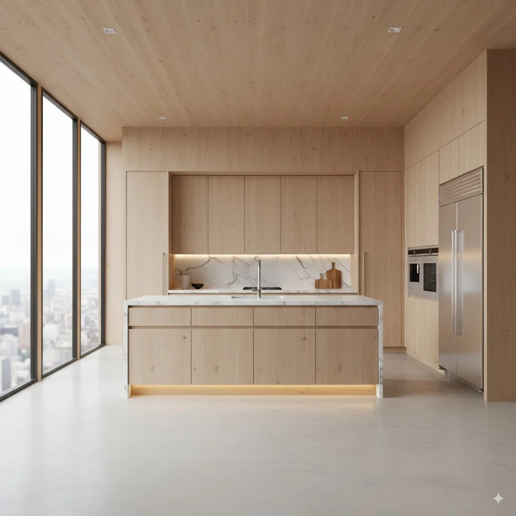 Modern light wood kitchen with a white marble island and large floor-to-ceiling windows overlooking a city.