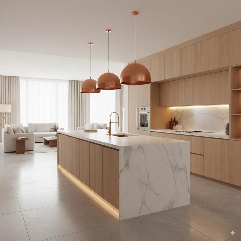 Modern kitchen with white marble island, light wood cabinetry, and three copper dome pendant lights.
