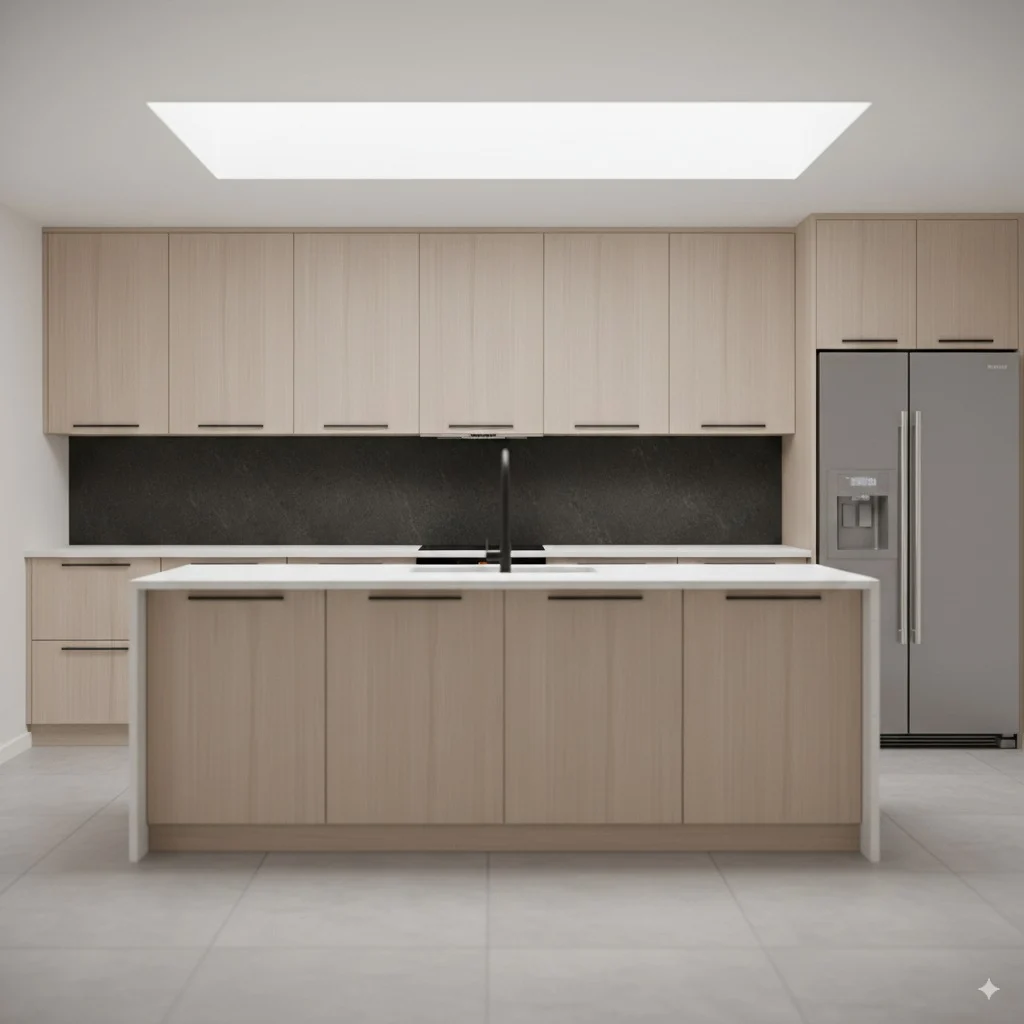 Modern kitchen with light wood cabinets, white countertops, a black backsplash, and a stainless steel refrigerator.