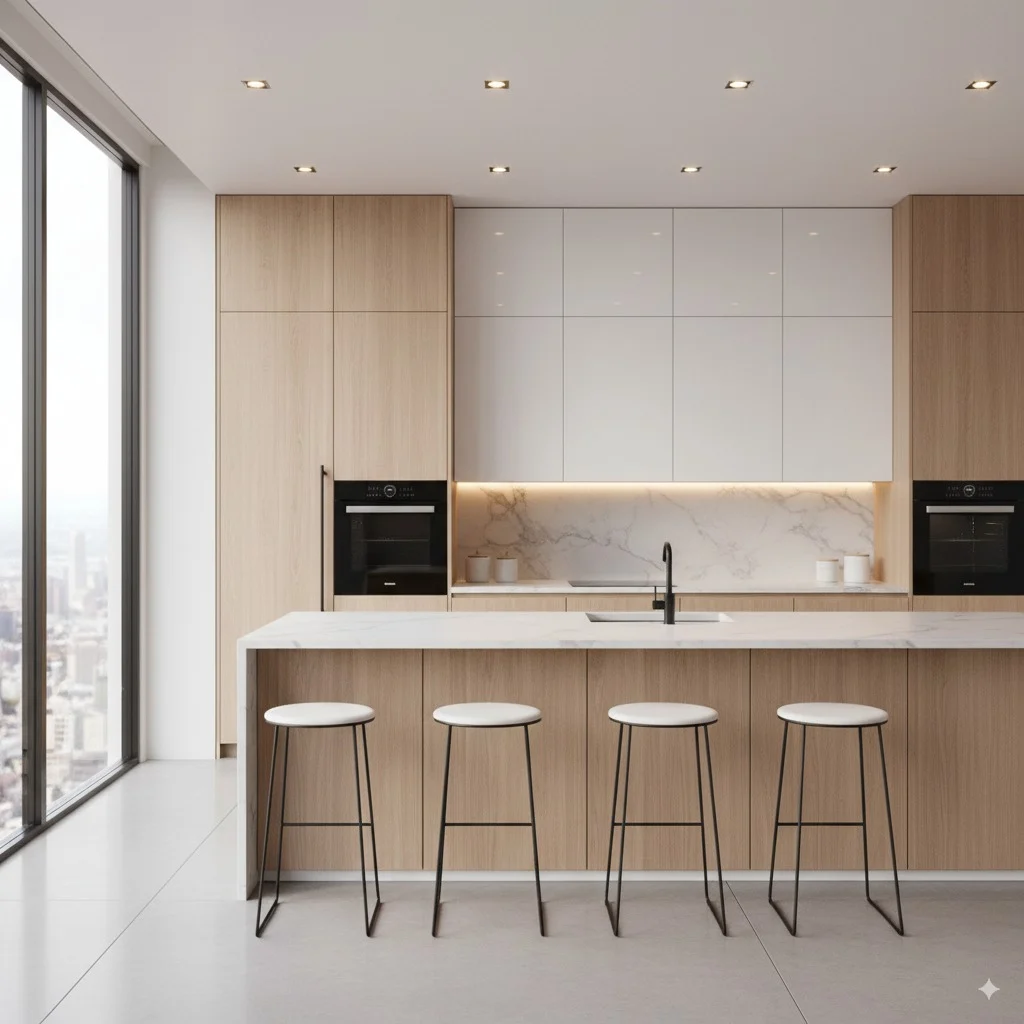 Modern minimalist kitchen with light wood cabinetry, white upper cabinets, and a large marble island with four white stools.