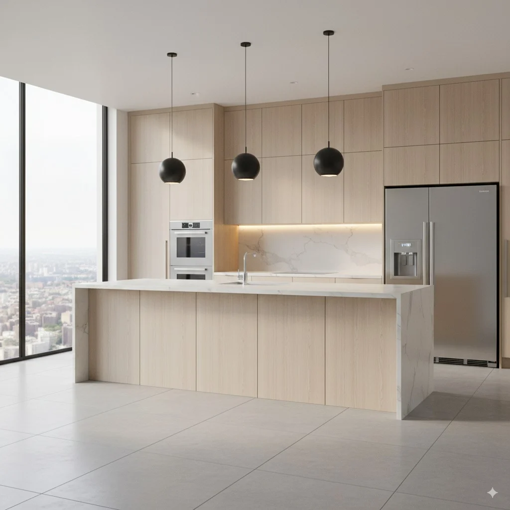 Modern minimalist kitchen with light wood cabinetry, white marble counters, and three black globe pendant lights.