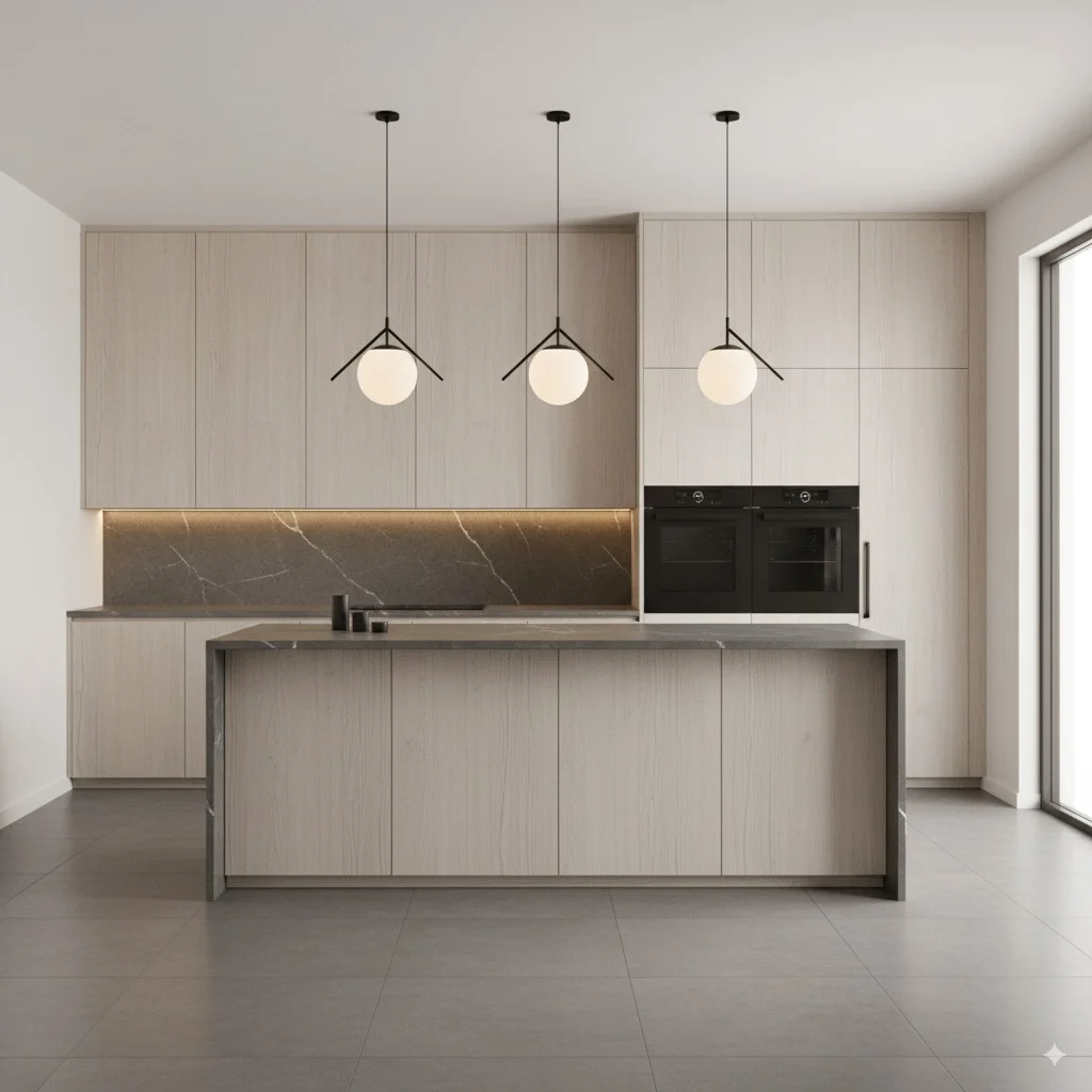 Modern kitchen with light wood cabinetry, dark marble countertops, and three spherical pendant lights.
