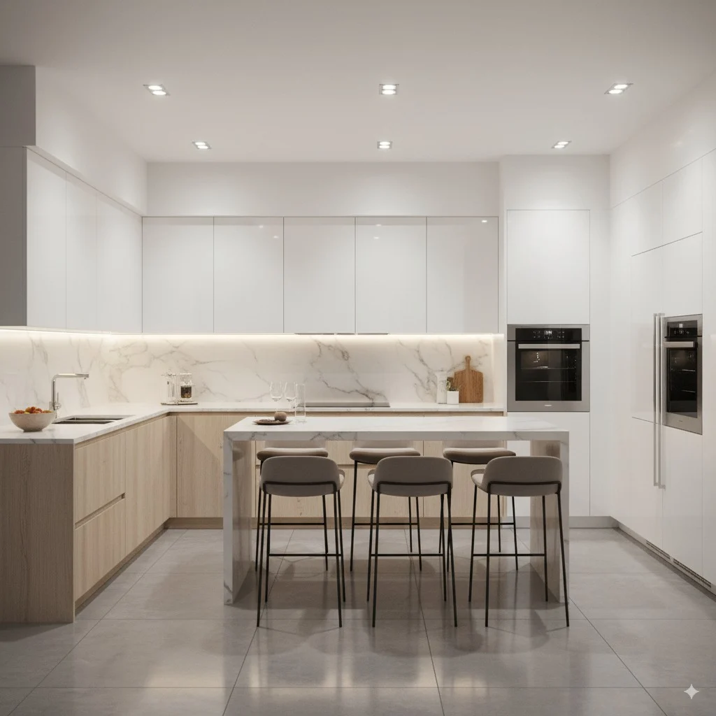Modern kitchen with white upper cabinets, light wood lower cabinets, and a marble island with grey bar stools.