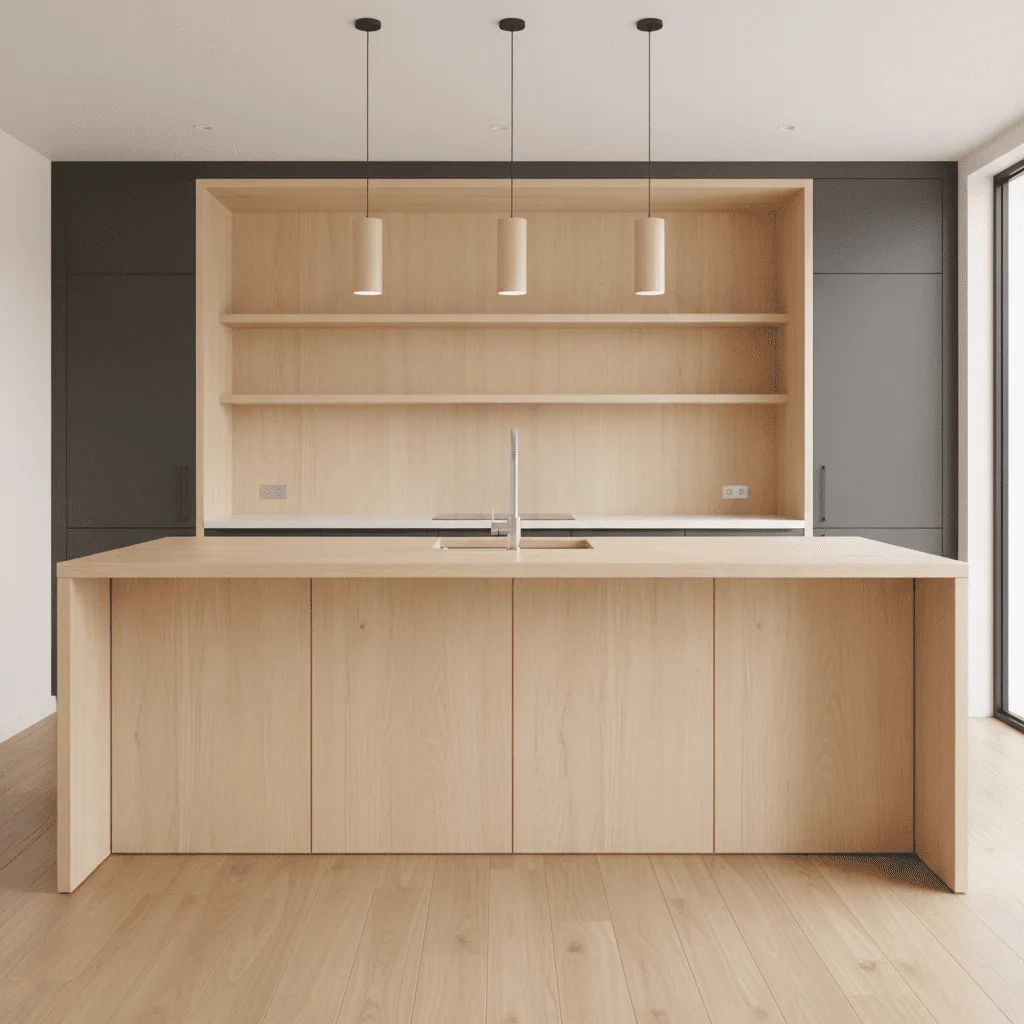 Modern kitchen with a light wood island, recessed shelving, and three minimalist pendant lights.