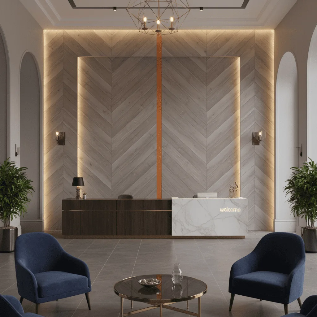 Modern hotel lobby with a chevron wood wall, white marble reception desk, and navy blue chairs.