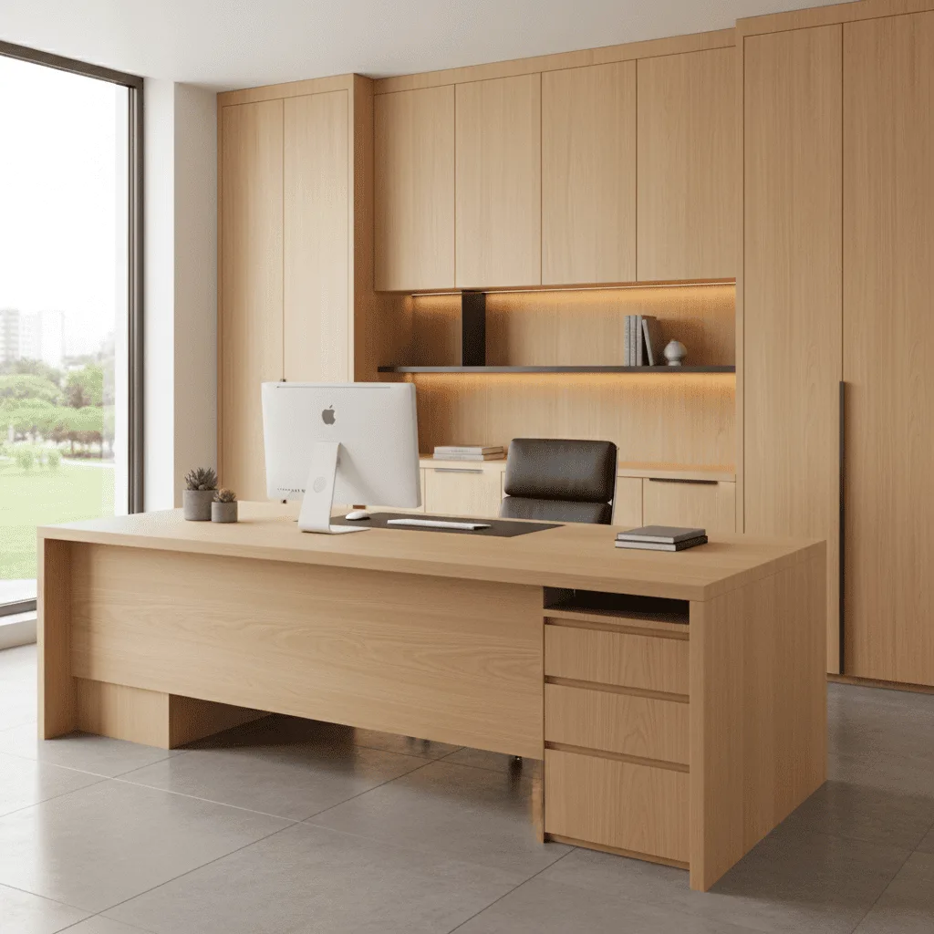 Modern light wood desk with an iMac, black chair, and matching wall cabinetry in a bright office.
