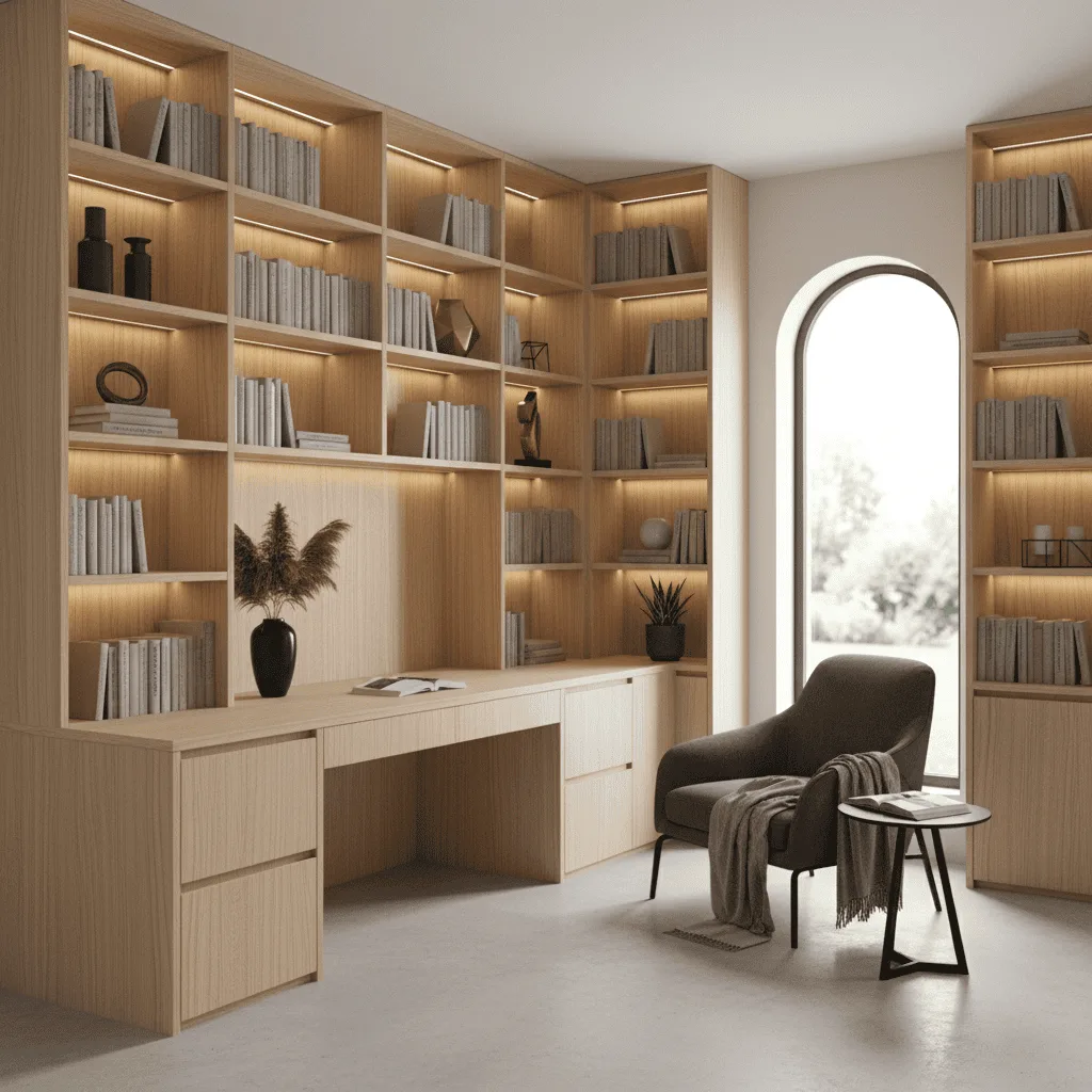 Modern home office with light wood built-in bookshelves, a desk, and a brown armchair by an arched window.