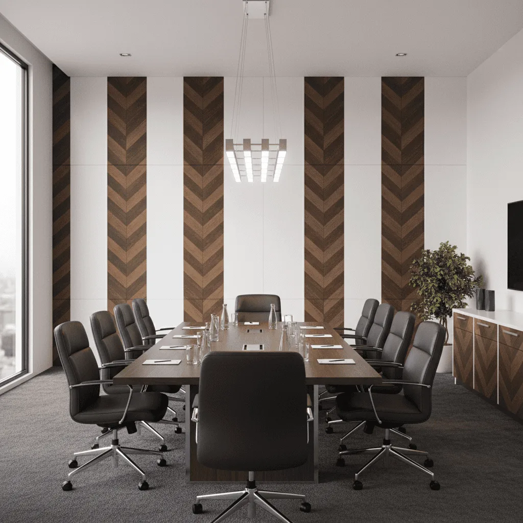 Modern conference room with a long wooden table, black leather chairs, and a chevron-patterned wood wall.