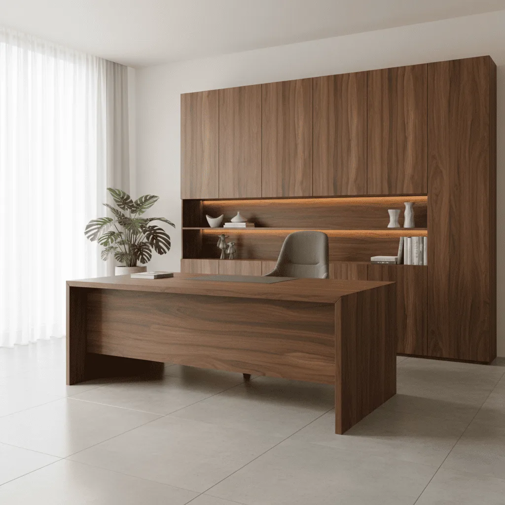 Modern walnut wood desk and matching wall cabinets in a bright, minimalist office.