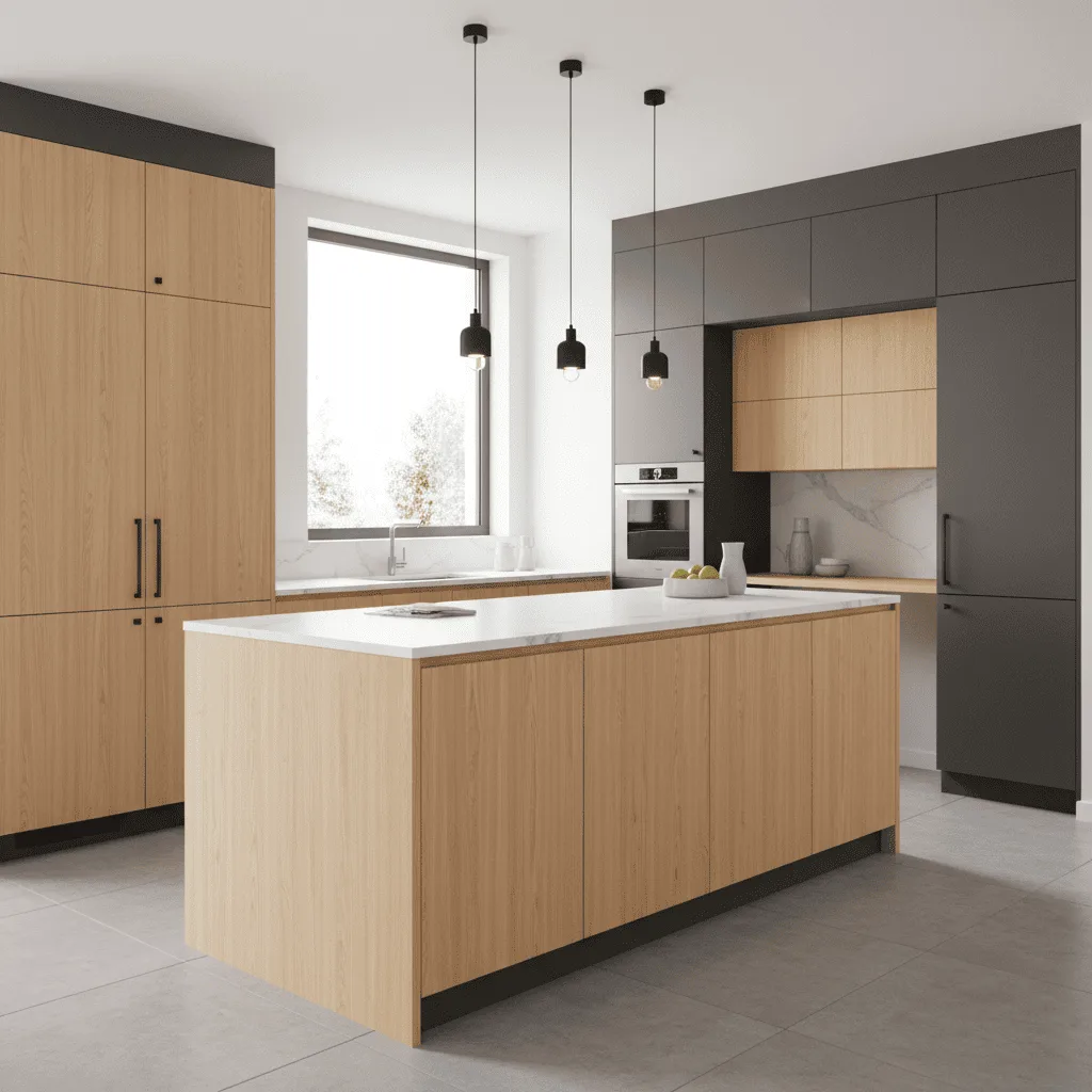 Modern kitchen with light wood cabinetry, a white marble island, and charcoal gray wall units.