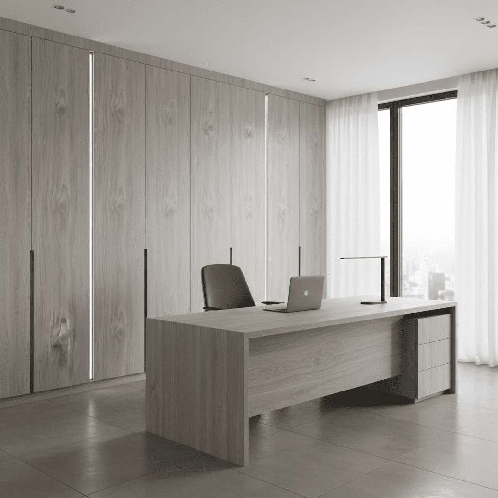 Modern light wood desk with a laptop, chair, and lamp in front of large wooden cabinets.