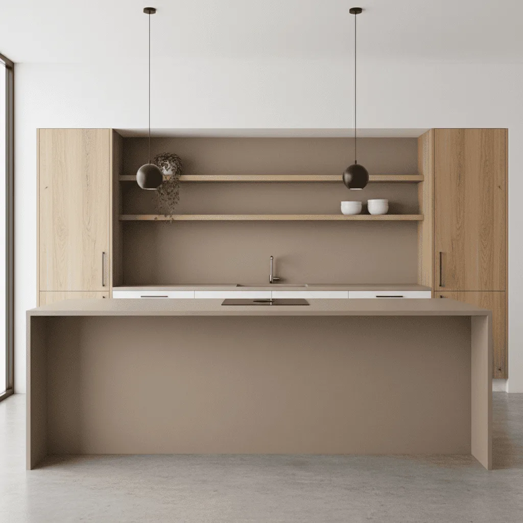 Modern kitchen with a taupe island, light wood cabinets, and two black globe pendant lights.