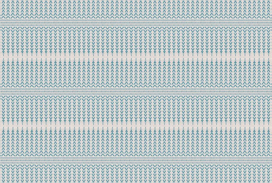 Blue and white woven fabric with horizontal bands of chevron and geometric patterns.