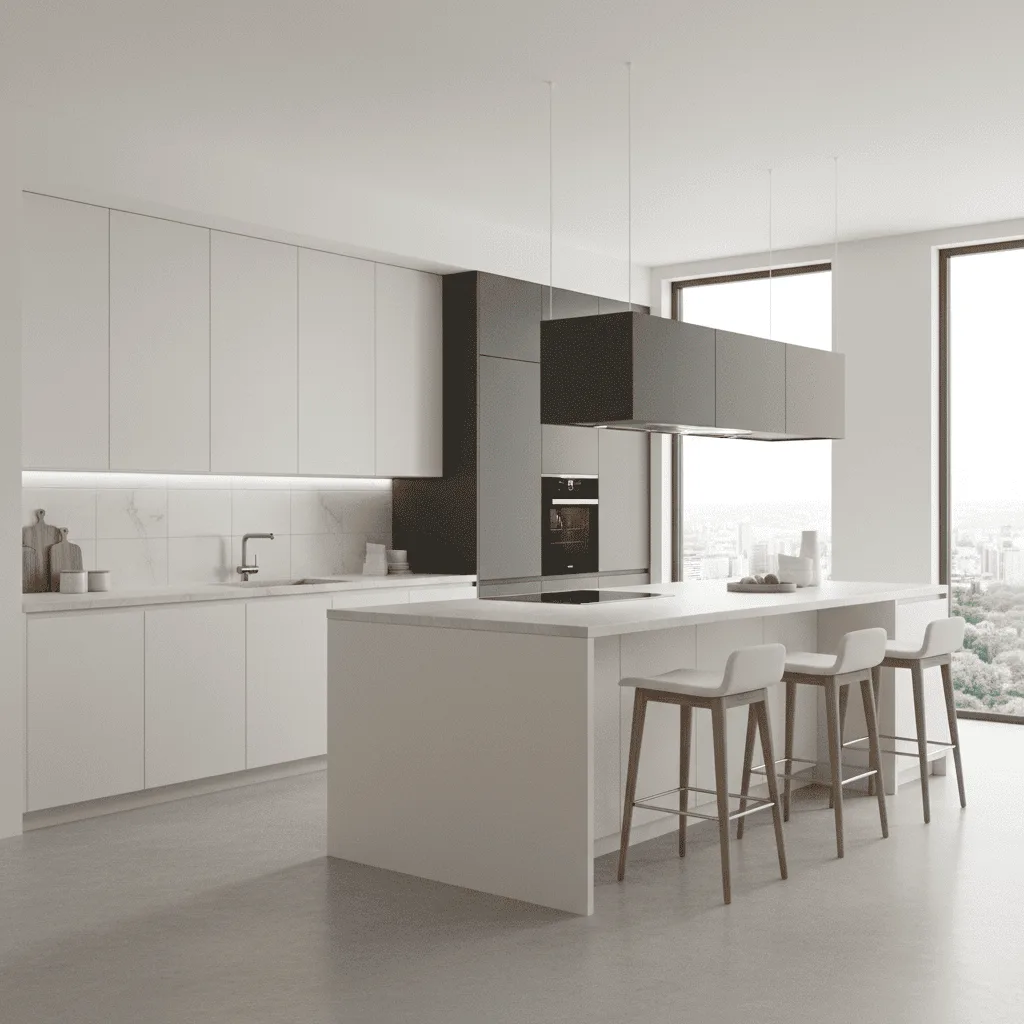 Modern minimalist kitchen with white cabinetry, a large central island, and three white bar stools.