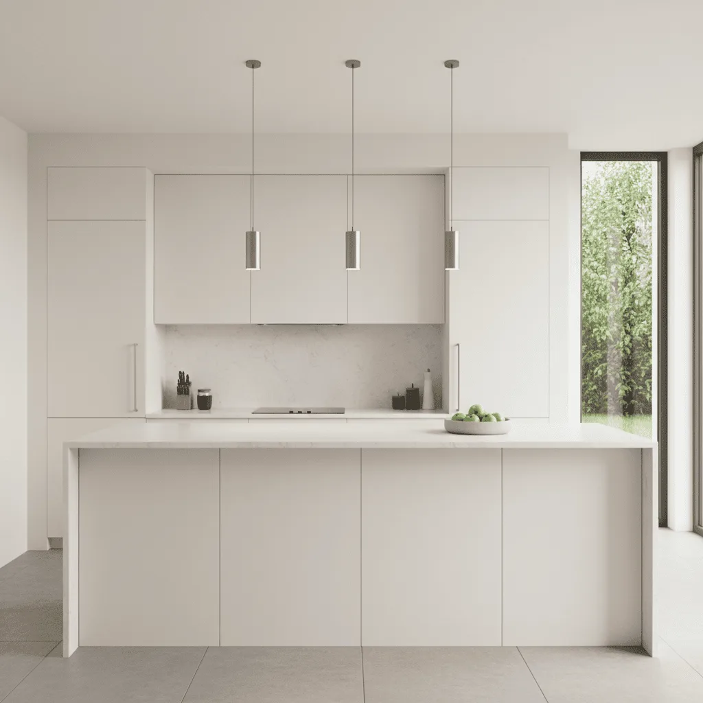Modern white minimalist kitchen with a large island, three pendant lights, and a view of greenery through a window.